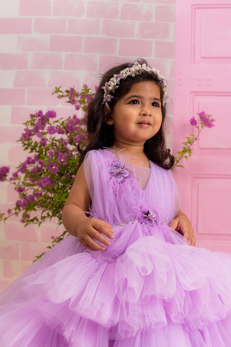 Lilac Frill Gown with Butterflies and Feather