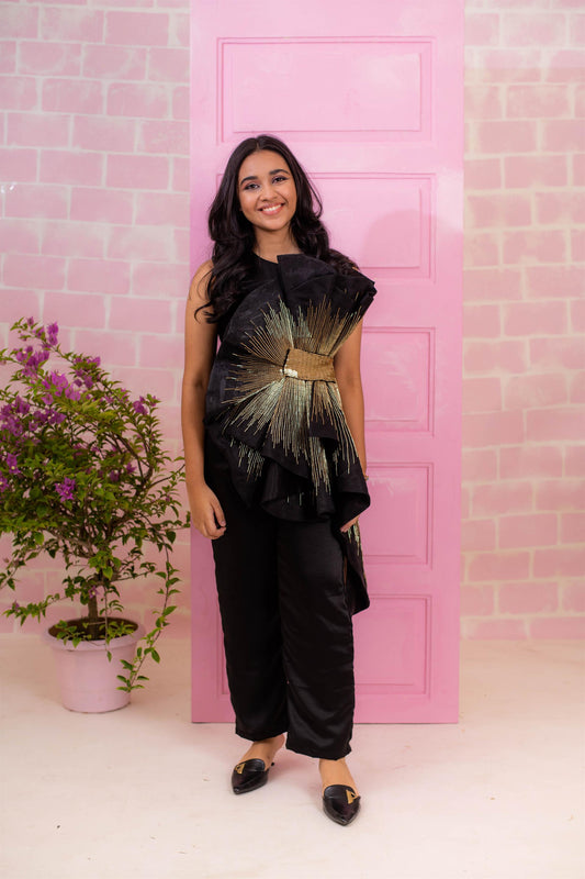 Black Golden Kathdana Drape Jumpsuit