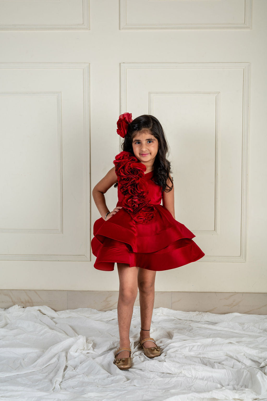 Maroon Rose Ruched Ruffle Dress