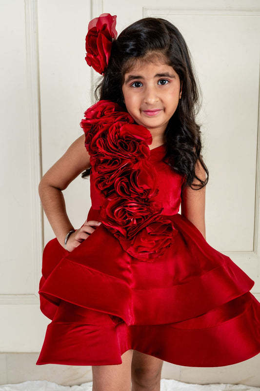 Maroon Rose Ruched Ruffle Dress