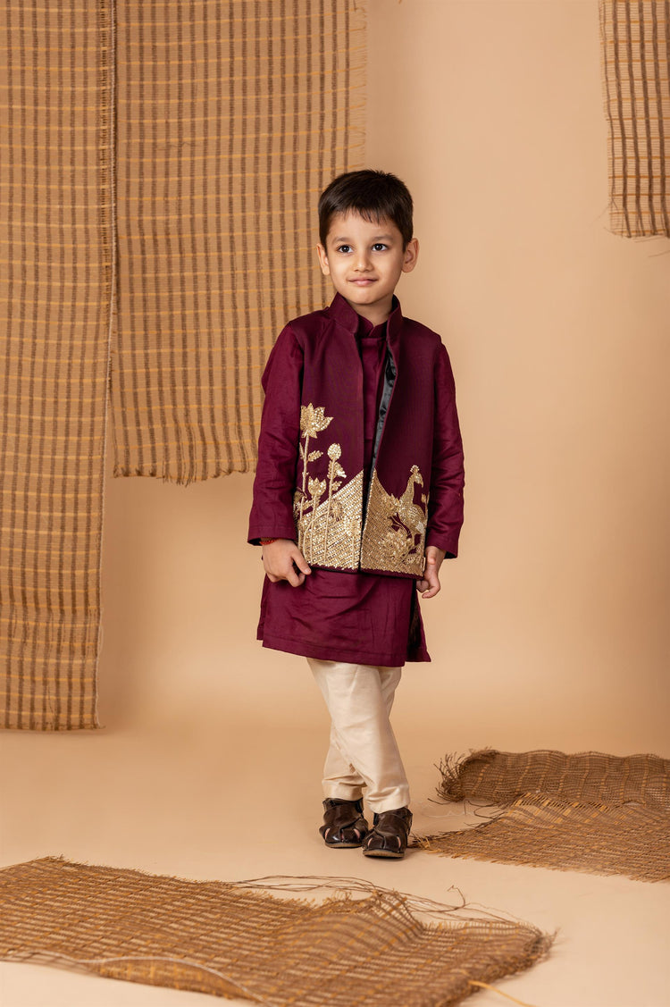 Wine hand Dori Embroidered Peacock Jacket with Kurta Set