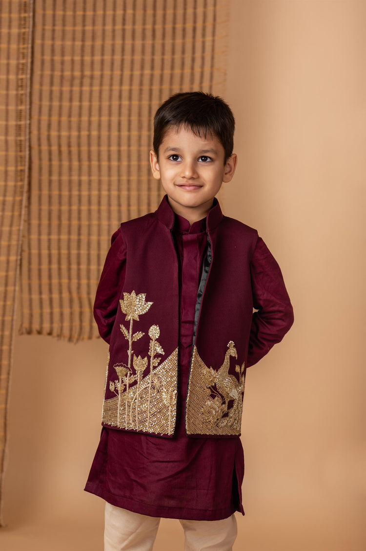 Wine hand Dori Embroidered Peacock Jacket with Kurta Set