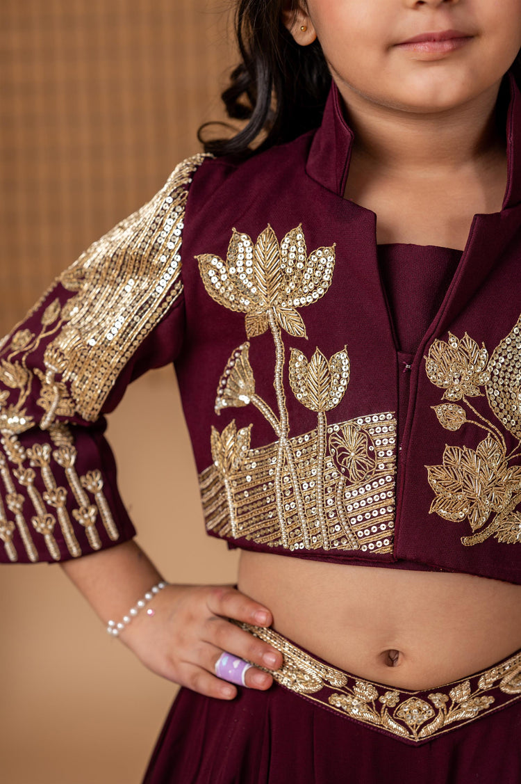 Wine hand Dori Embroidered Peacock Ghaghra Jacket Set