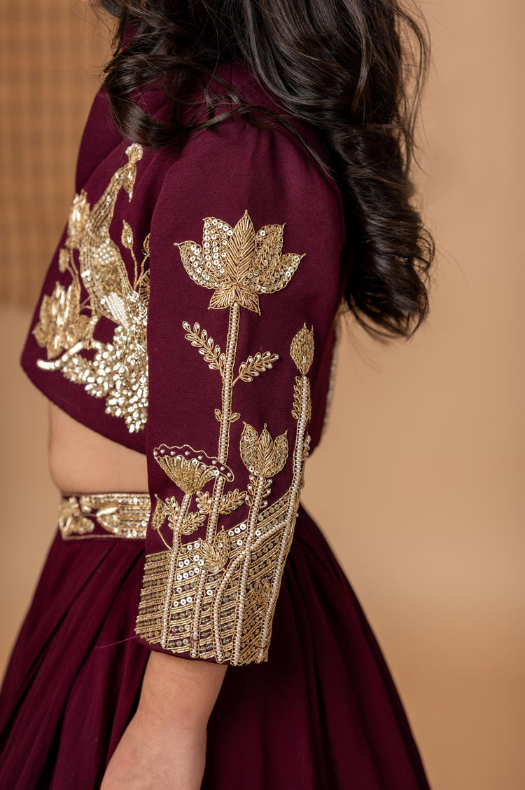 Wine hand Dori Embroidered Peacock Ghaghra Jacket Set