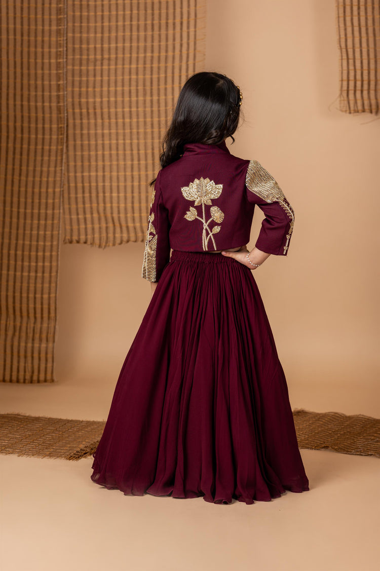 Wine hand Dori Embroidered Peacock Ghaghra Jacket Set