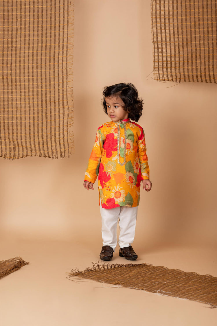 Ochre Floral Print Kurta Churidaar Set