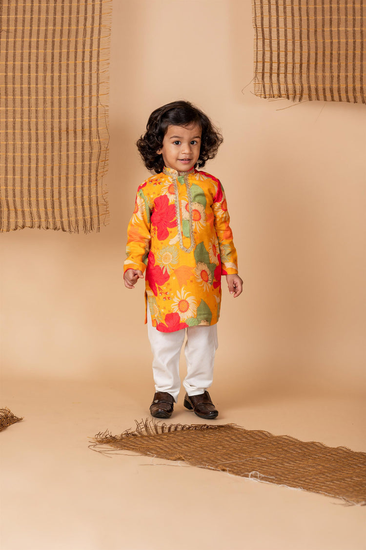 Ochre Floral Print Kurta Churidaar Set