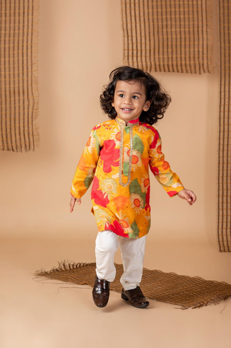 Ochre Floral Print Kurta Churidaar Set