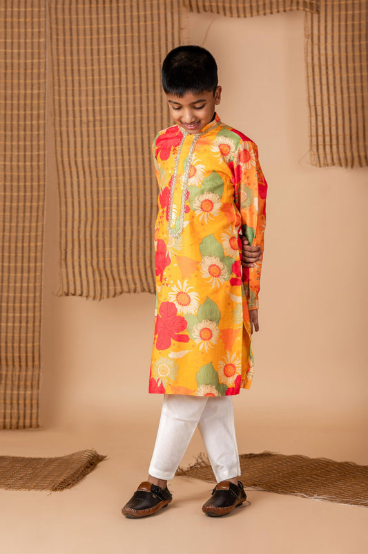 Ochre Floral Print Kurta Churidaar Set