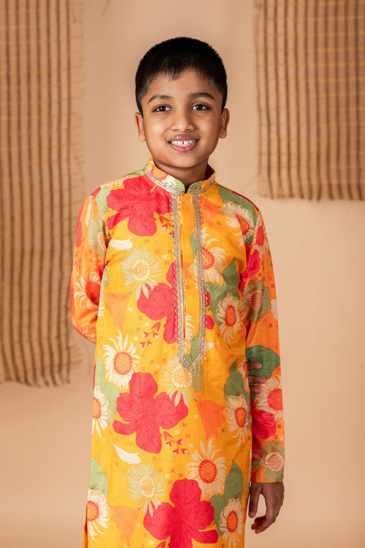 Ochre Floral Print Kurta Churidaar Set