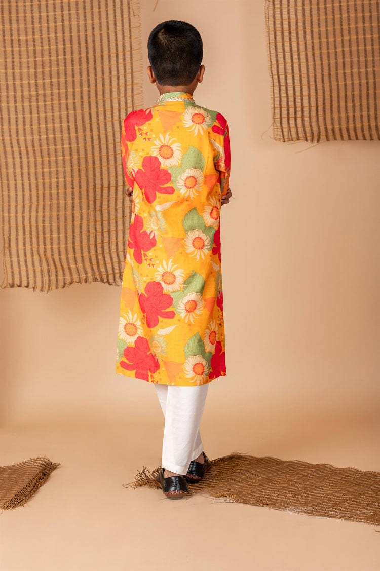 Ochre Floral Print Kurta Churidaar Set