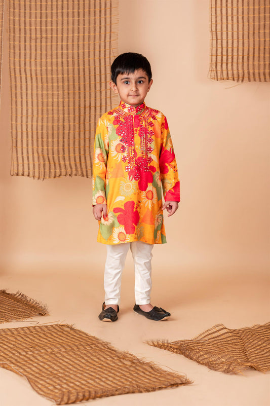 Ochre Floral print Kurta with Mirror Embroidery