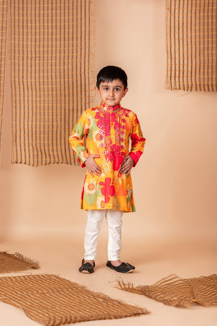 Ochre Floral print Kurta with Mirror Embroidery