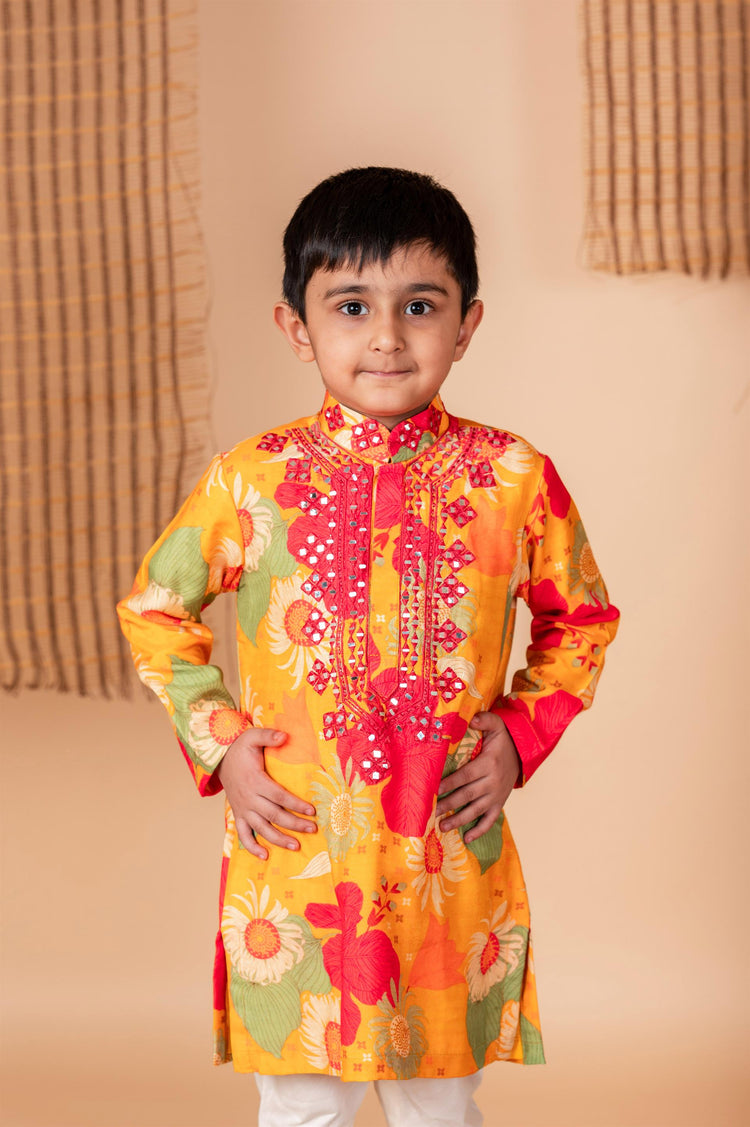 Ochre Floral print Kurta with Mirror Embroidery