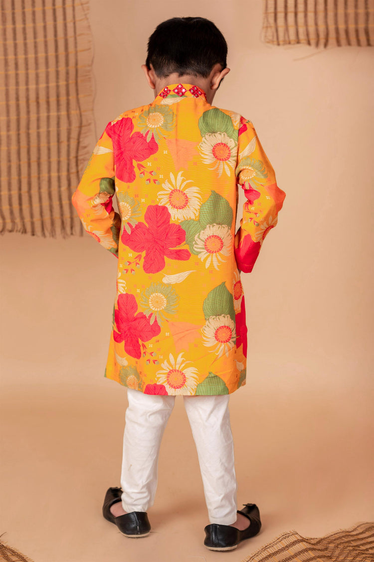 Ochre Floral print Kurta with Mirror Embroidery