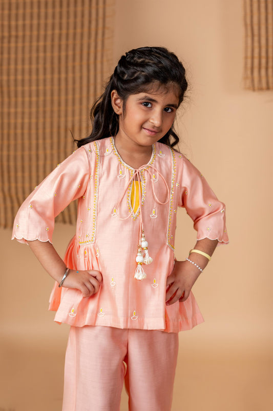 Peach Diya Embroidred Peplum Pant Set