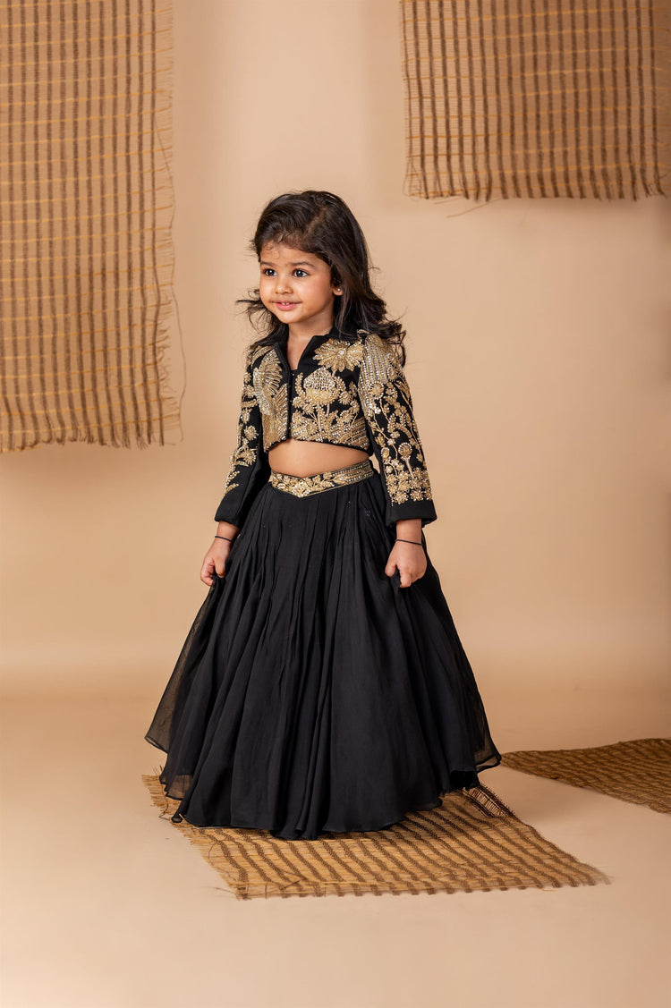 Black hand Dori Embroidered Bird Ghaghra Jacket Set