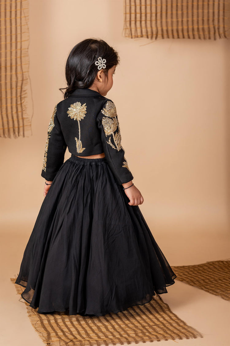 Black hand Dori Embroidered Bird Ghaghra Jacket Set