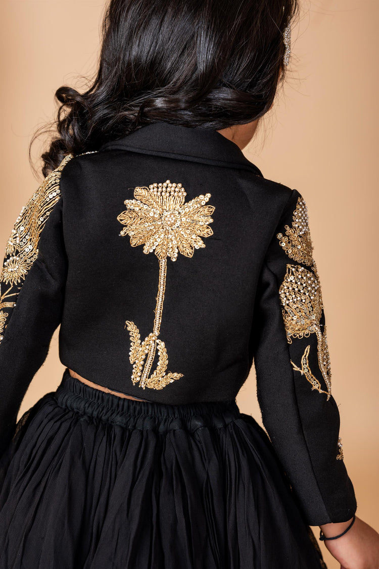 Black hand Dori Embroidered Bird Ghaghra Jacket Set