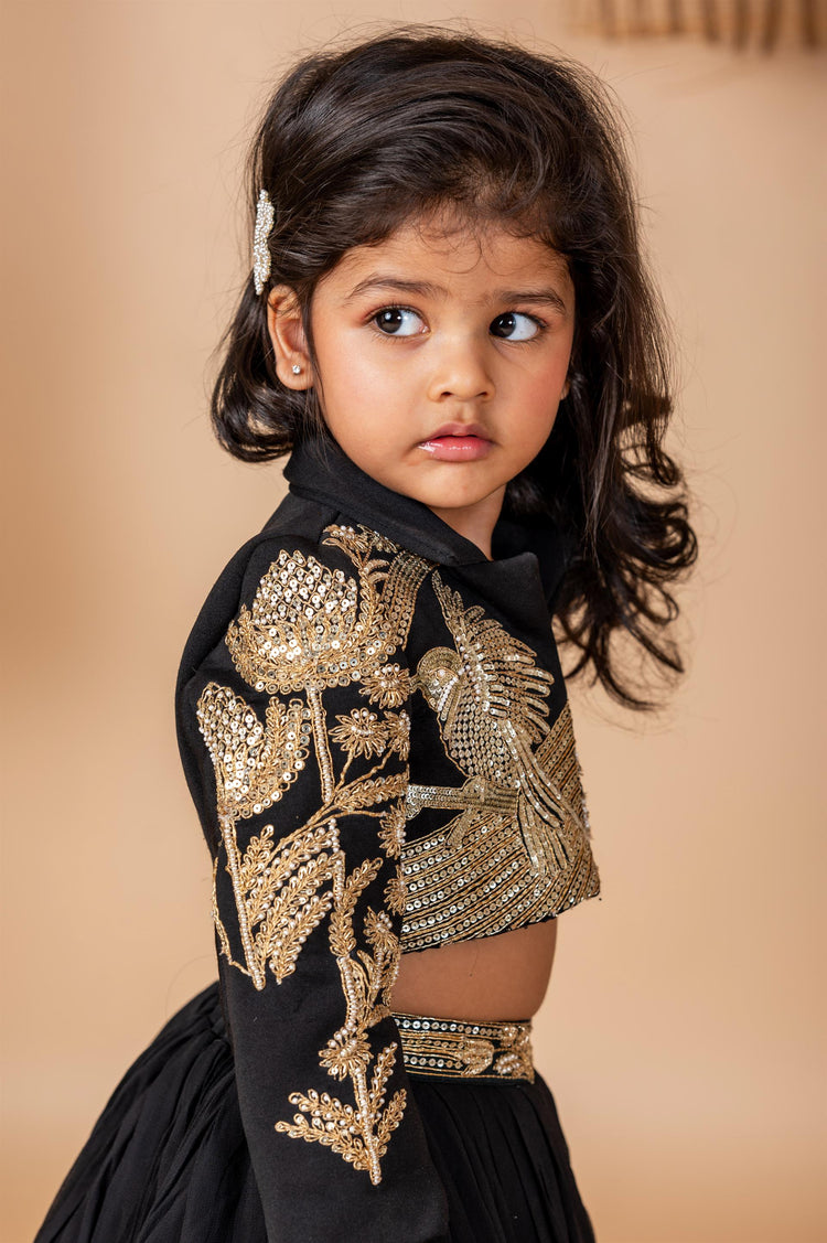 Black hand Dori Embroidered Bird Ghaghra Jacket Set