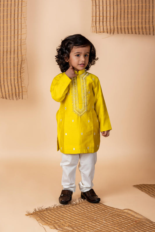 Yellow Kurta with hand done Pearl and Sequins Embroidery