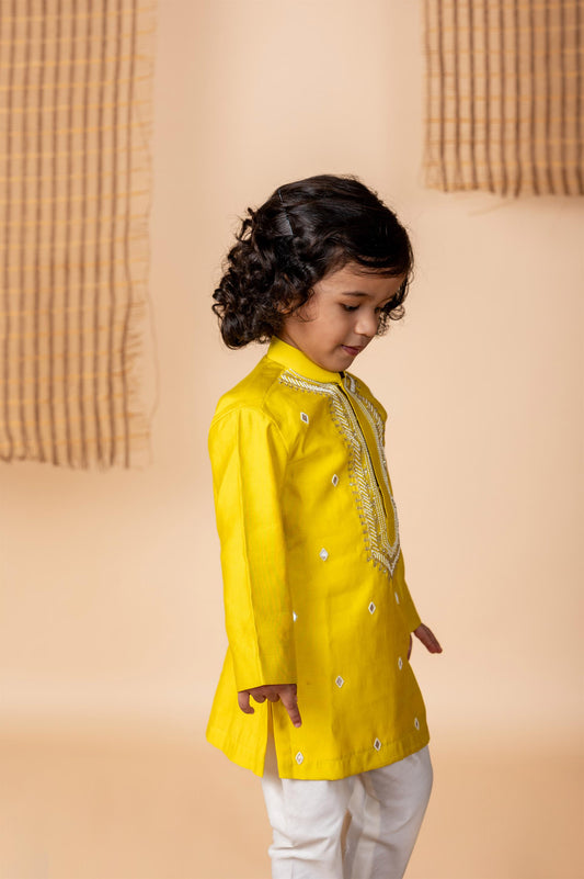 Yellow Kurta with hand done Pearl and Sequins Embroidery