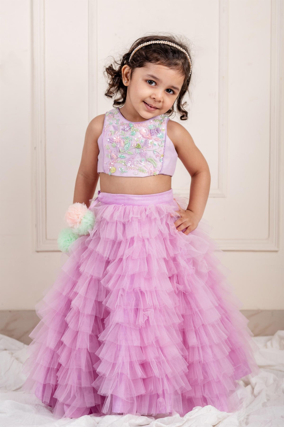 Lilac frill pom pom Ghaghra