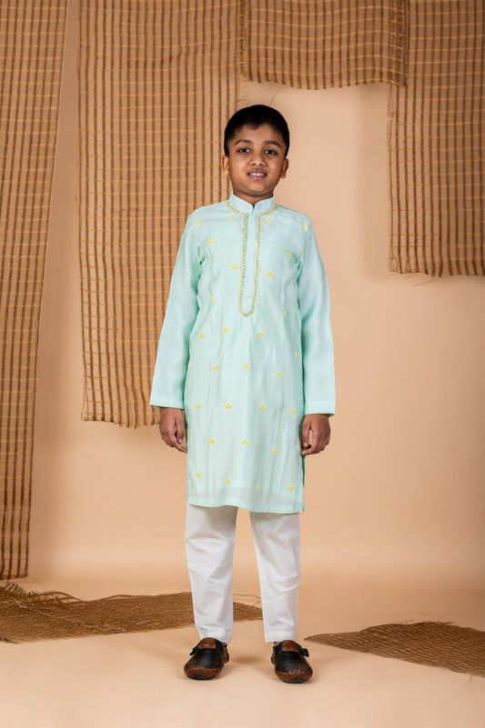 Blue Leaf Embroidered Kurta Churidaar