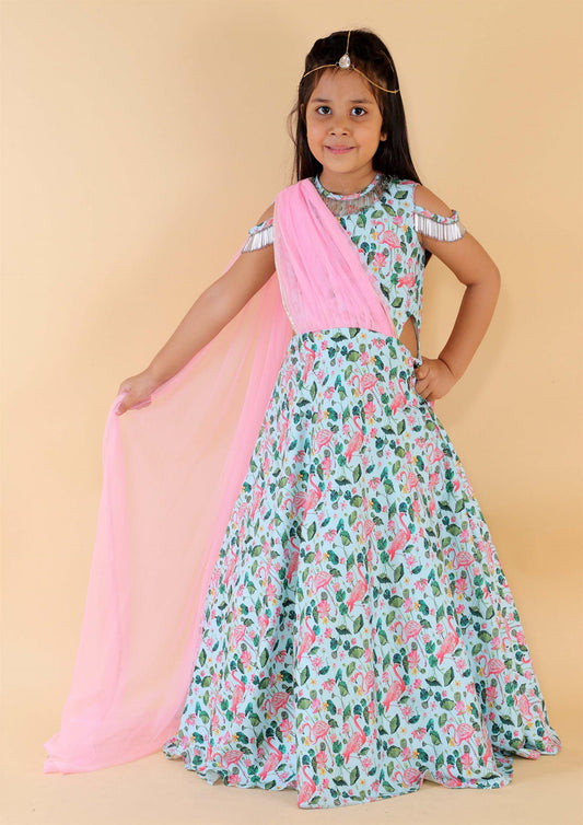 Flamingo Gown With Pink Drape Dupatta