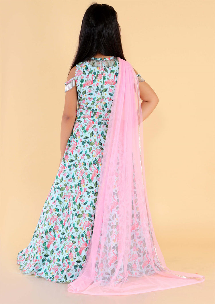 Flamingo Gown With Pink Drape Dupatta