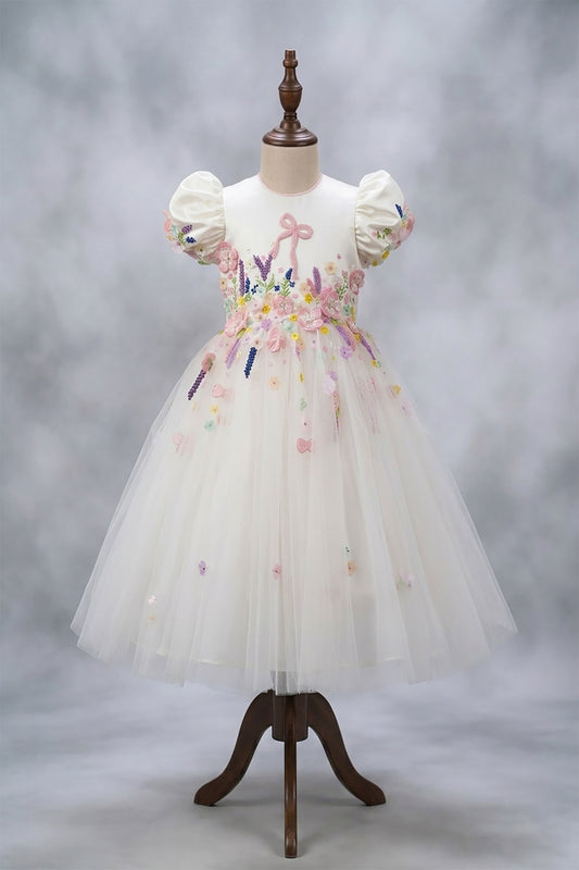 Luxury Satin Hand Embroidered Bow Embroidered Dress With Delicate Flowers