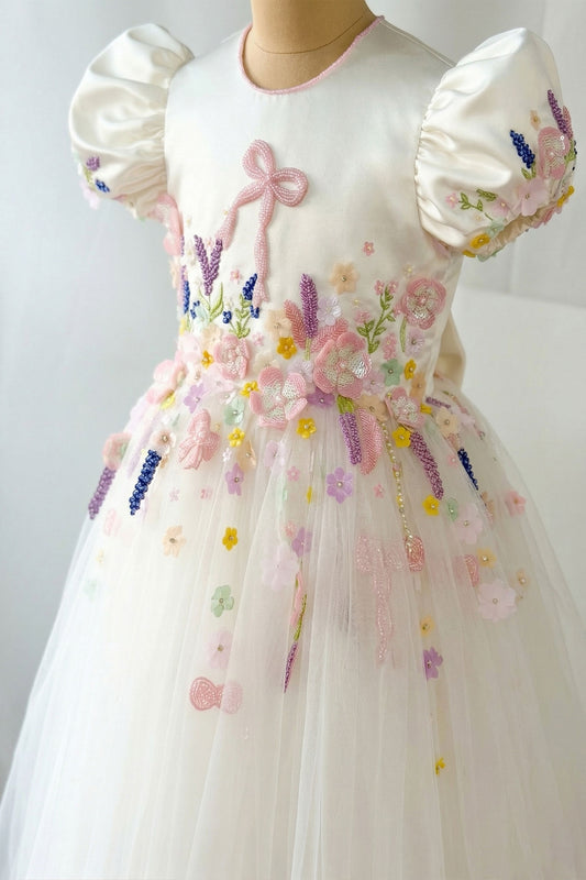 Luxury Satin Hand Embroidered Bow Embroidered Dress With Delicate Flowers