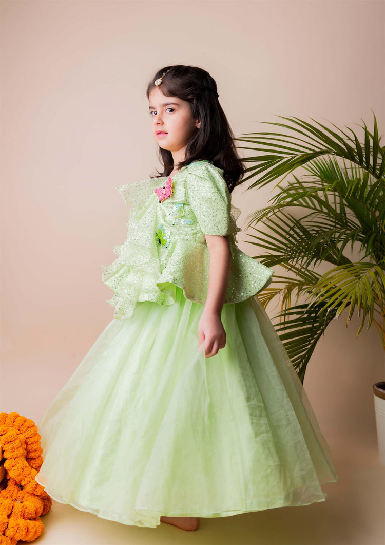 Green Sequins Ruffle Ghaghra