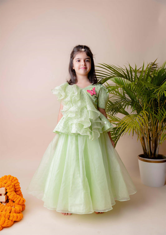 Green Sequins Ruffle Ghaghra