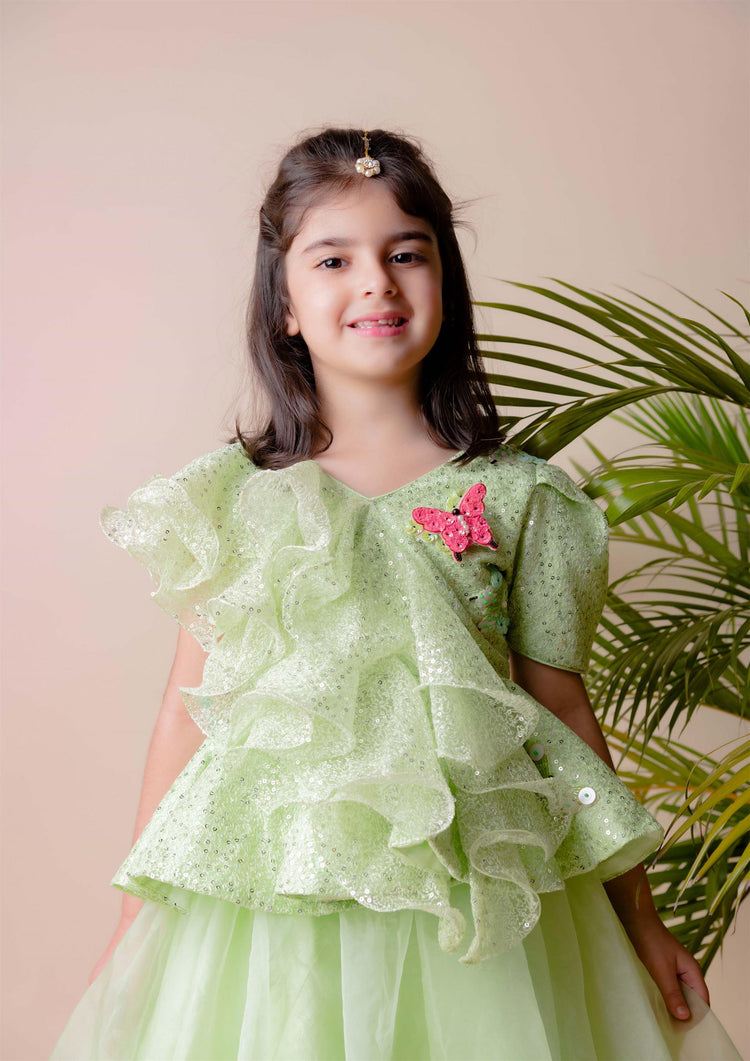 Green Sequins Ruffle Ghaghra