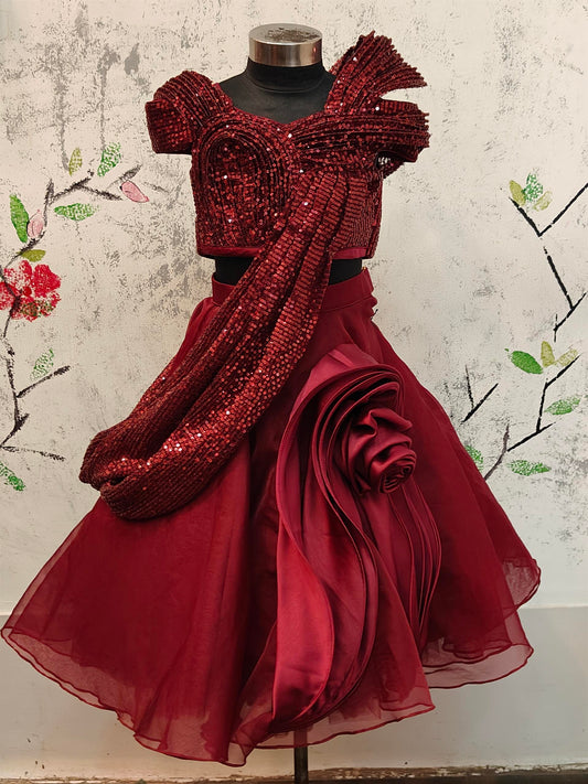 Maroon Sequinced Drape Ghaghra