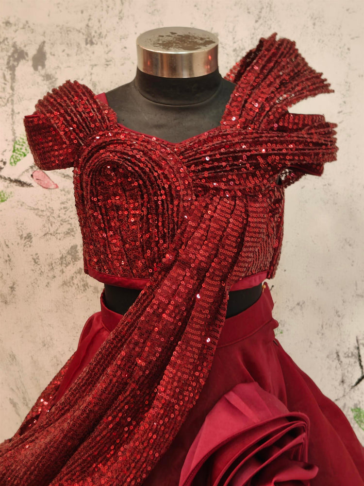 Maroon Sequinced Drape Ghaghra