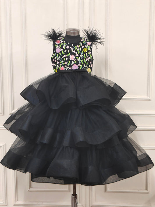 Black Embroidered Ruffle Gown