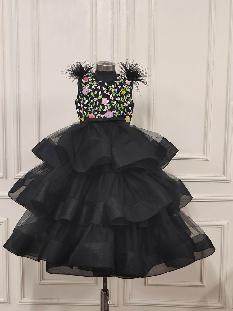 Black Embroidered Ruffle Gown