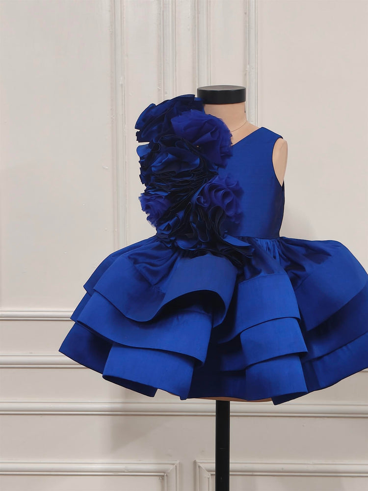 Royal Blue Ruched Rose Ruffle Dress