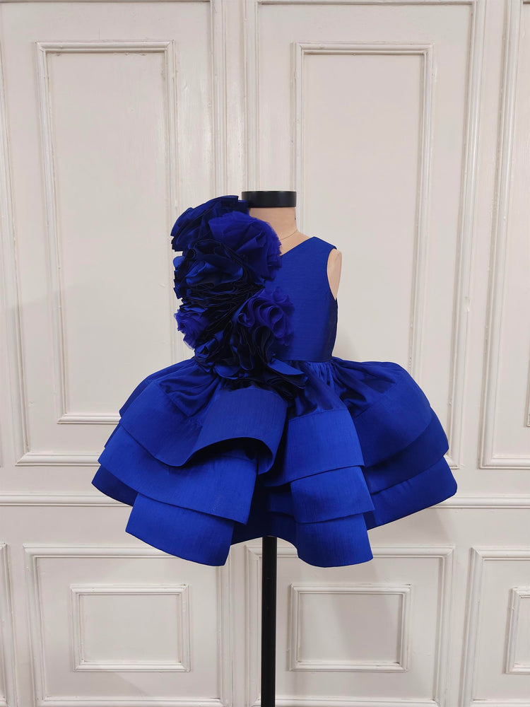 Royal Blue Ruched Rose Ruffle Dress