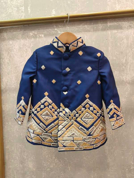 Blue achkan with gold and silver embroidery