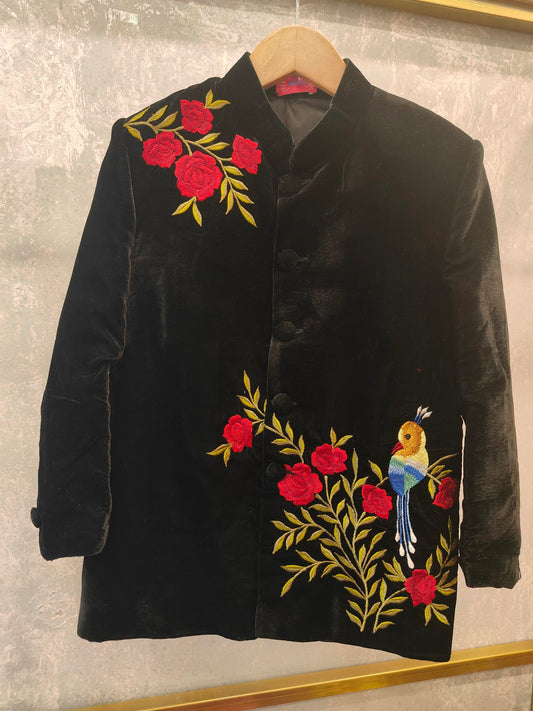 FLORAL EMBROIDERY VELVET ACHKAN WITHOUT PANTS