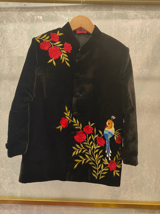 Floral Embroidered Black Achkan With Trousers