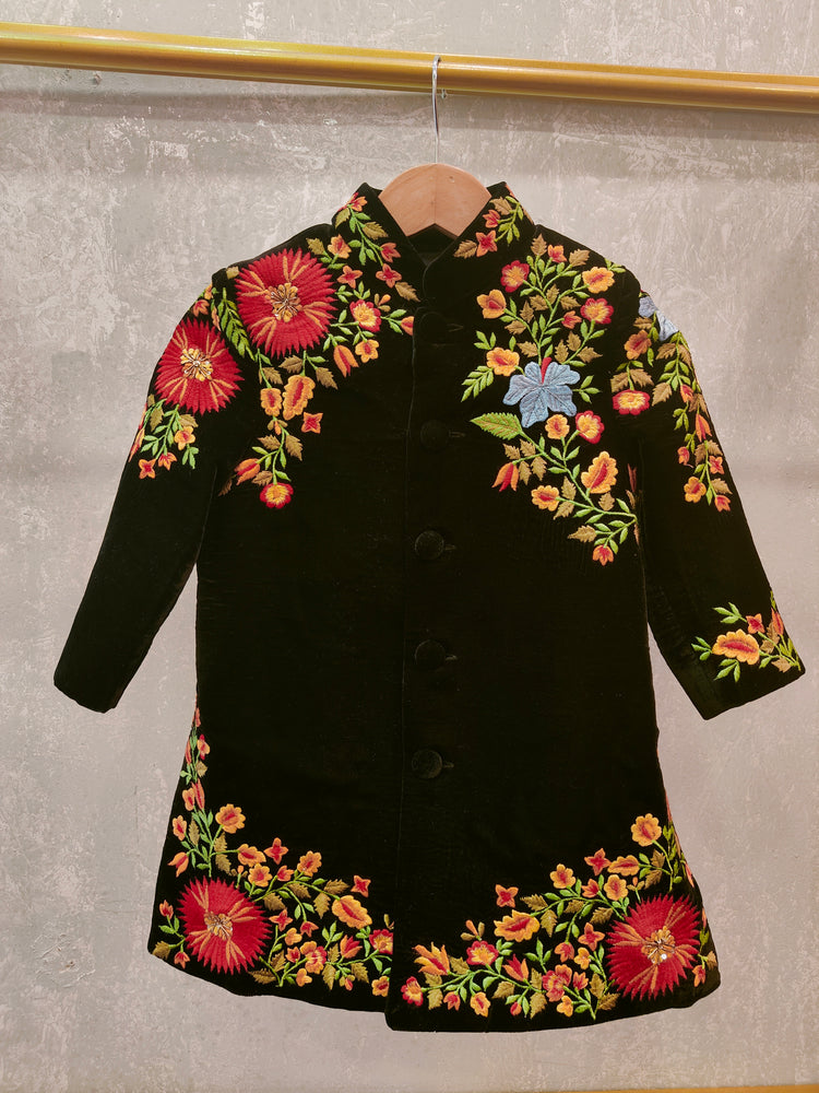 Flower Embroidery Black Sherwani Set