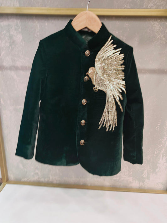 GREEN VELVET BIRD HAND DORI EMBROIDERY ACHKAN WITH PANTS