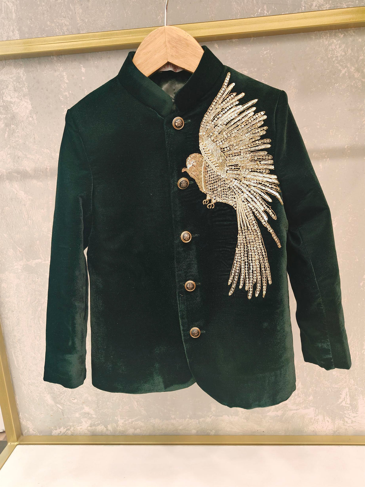 GREEN VELVET BIRD HAND DORI EMBROIDERY ACHKAN WITH PANTS