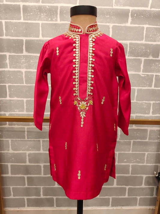 Pink Yellow Knot Embroidery Kurta
