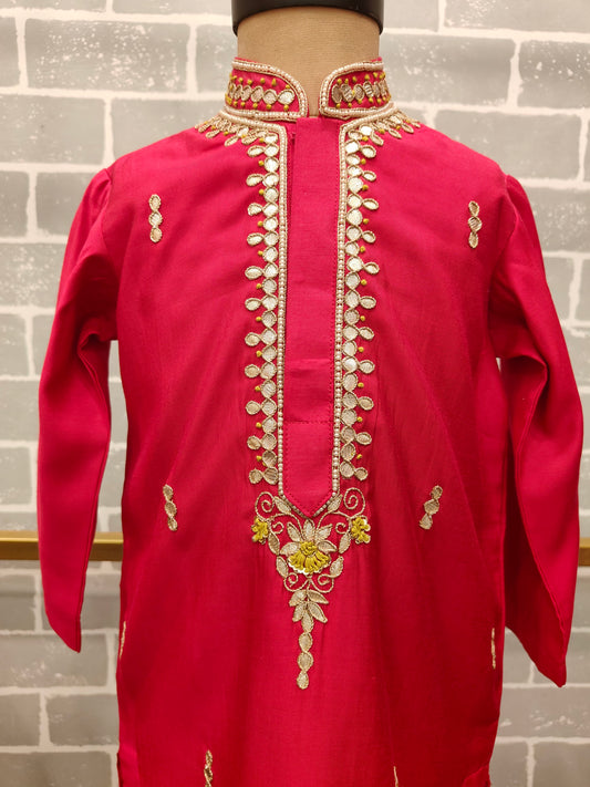 Pink Yellow Knot Embroidery Kurta