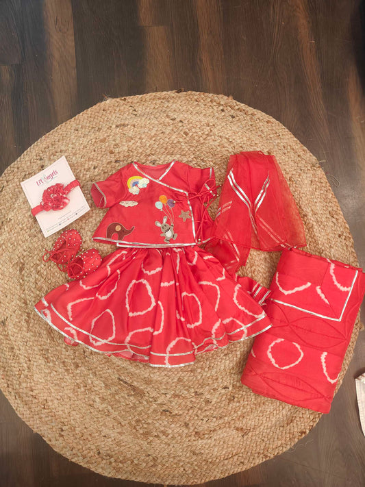 Red Bandhej Fun Embroidery Girl Jaamna